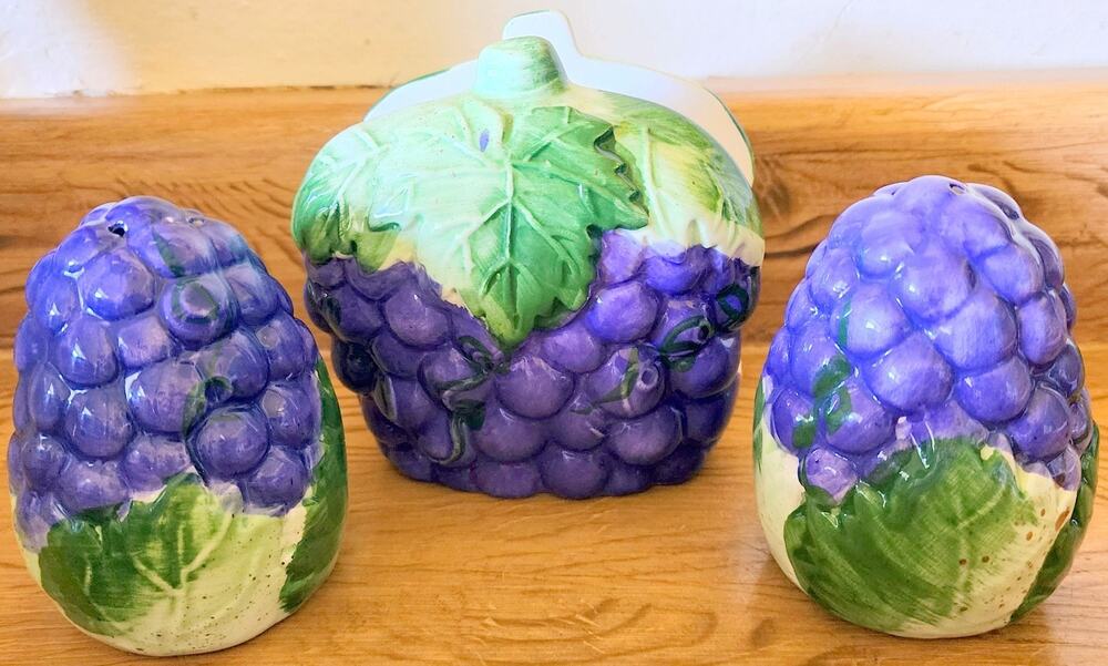 Purple Grapes Salt and Pepper Shakers & Napkin Holder Ceramic Set Grape Cluster
